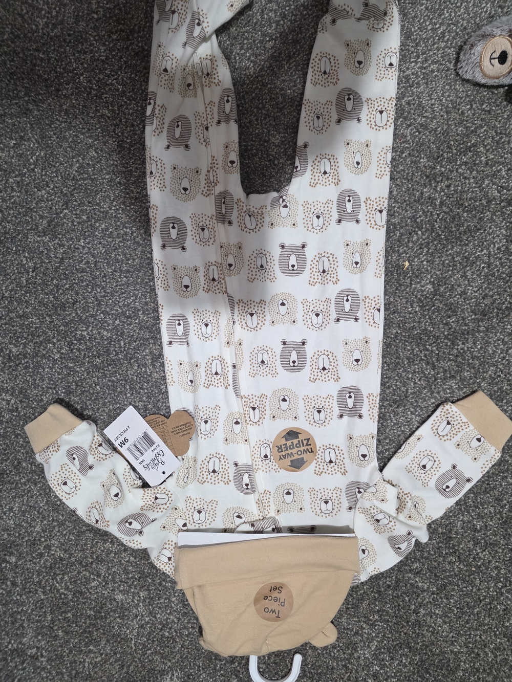 Essentials Beige & Cream Bear-Print Two-Way Zipper Baby Sleepsuit
